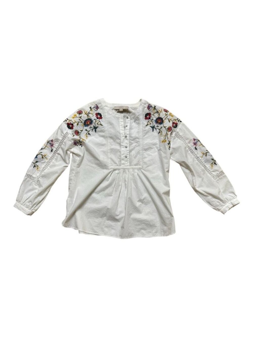 LOFT Embroidered Floral Blouse Womens Small White Cotton Peasant Boho Top